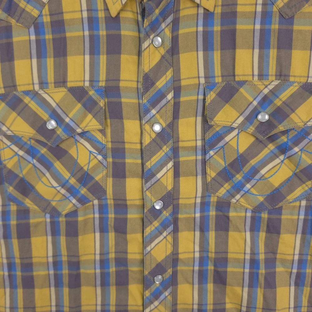 True Religion Shirt Mens XL Western Pearl Snap Plaid Yellow Blue Short Sleeve XL